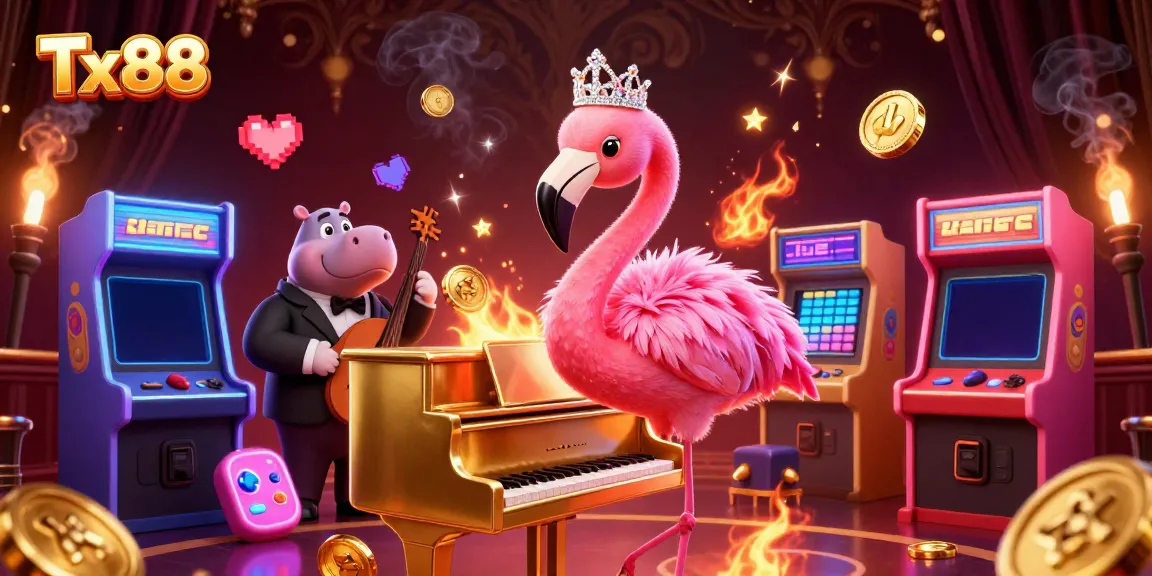 Tx88's vibrant casino scene with a flamingo singer and hippo bassist amid arcade games.