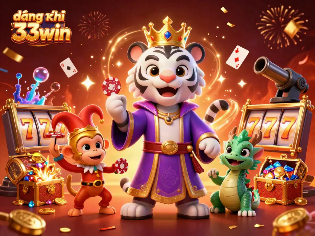 Experience the thrill of đăng ký 33win with a vibrant 3D illustration featuring a royal tiger and playful monkey in a casino setting.