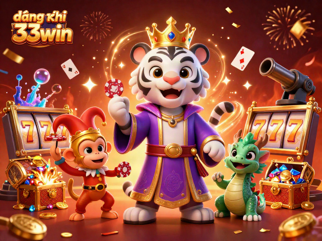 Experience the thrill of đăng ký 33win with a vibrant 3D illustration featuring a royal tiger and playful monkey in a casino setting.