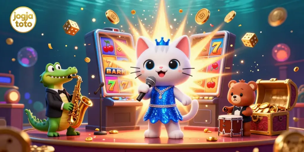 Experience the excitement of jogja toto with a vibrant 3D scene of animated characters and casino elements.