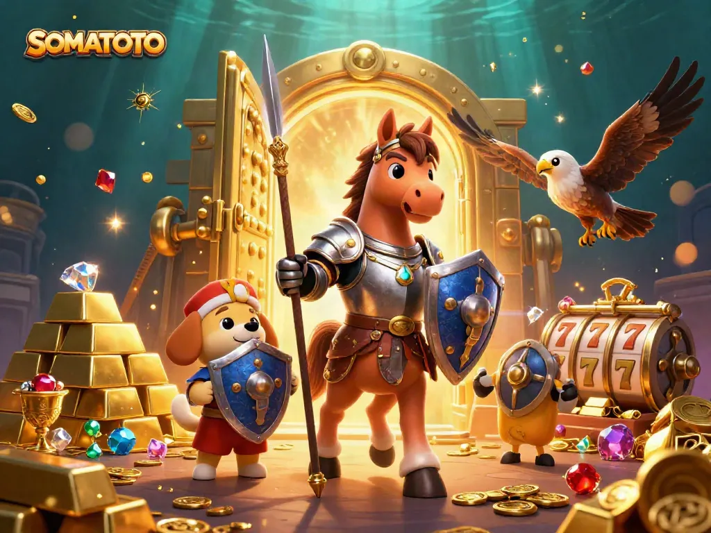 Experience the thrill of SOMATOTO's slots in a vibrant 3D illustration featuring a knight, squire, and falcon.