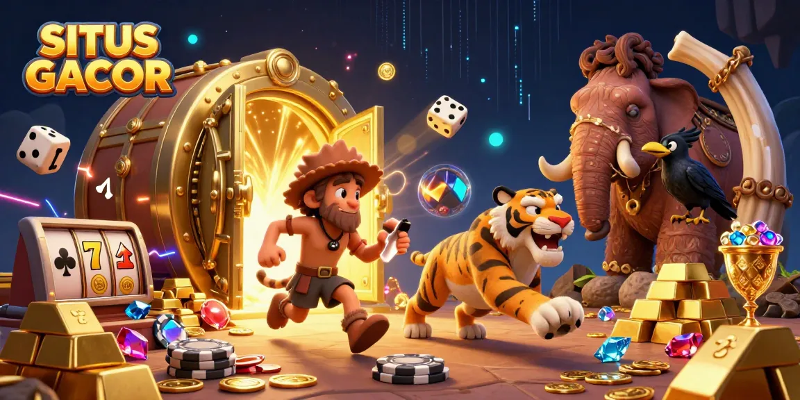 SITE GACOR showcases a lively prehistoric casino scene with exciting slot elements and vibrant treasures.