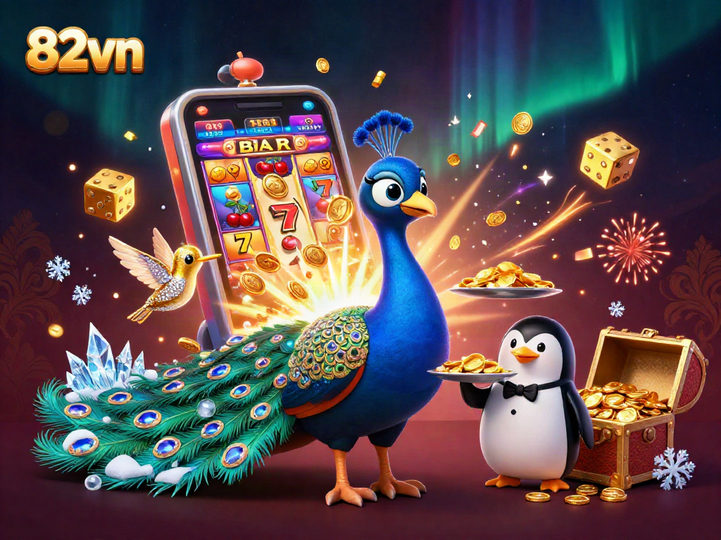 Experience thrilling slot action with 82vn, featuring a vibrant peacock, butler penguin, and golden hummingbird.