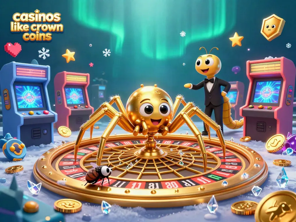 Engage with exciting gameplay at casinos like Crown Coins, featuring a dynamic casino-themed illustration.