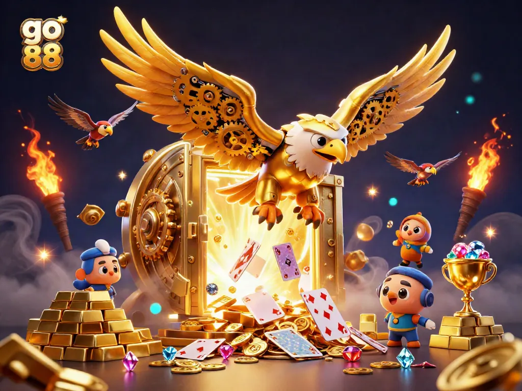 Trải nghiệm săn jackpot tại hình ảnh go 88 với đại bàng vàng 3D gợi nhớ, bay qua những lá bài huyền ảo.