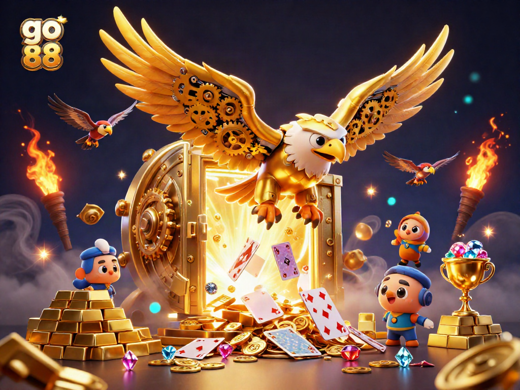 Trải nghiệm săn jackpot tại hình ảnh go 88 với đại bàng vàng 3D gợi nhớ, bay qua những lá bài huyền ảo.
