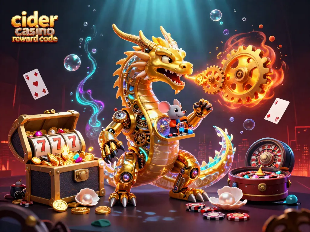 Cider casino reward code visualizes a golden dragon in a vibrant casino scene filled with slot reels and poker cards.