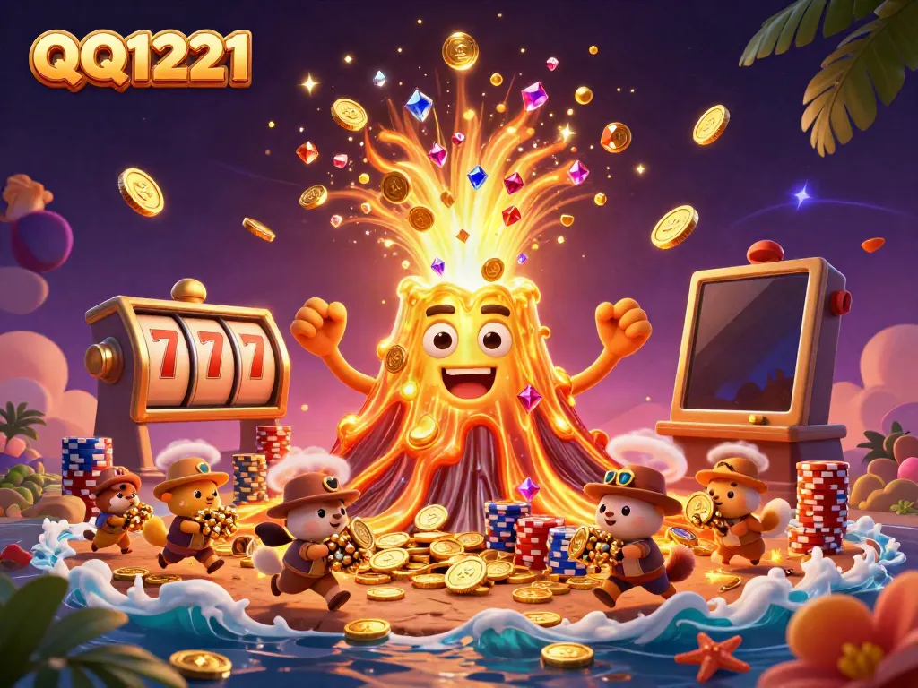 Experience thrilling moments with QQ1221 while uncovering treasures from a golden volcano erupting coins.