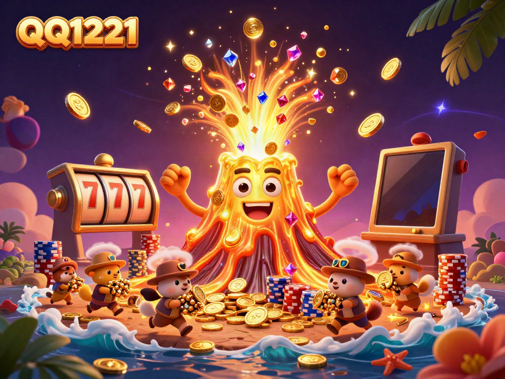 Experience thrilling moments with QQ1221 while uncovering treasures from a golden volcano erupting coins.
