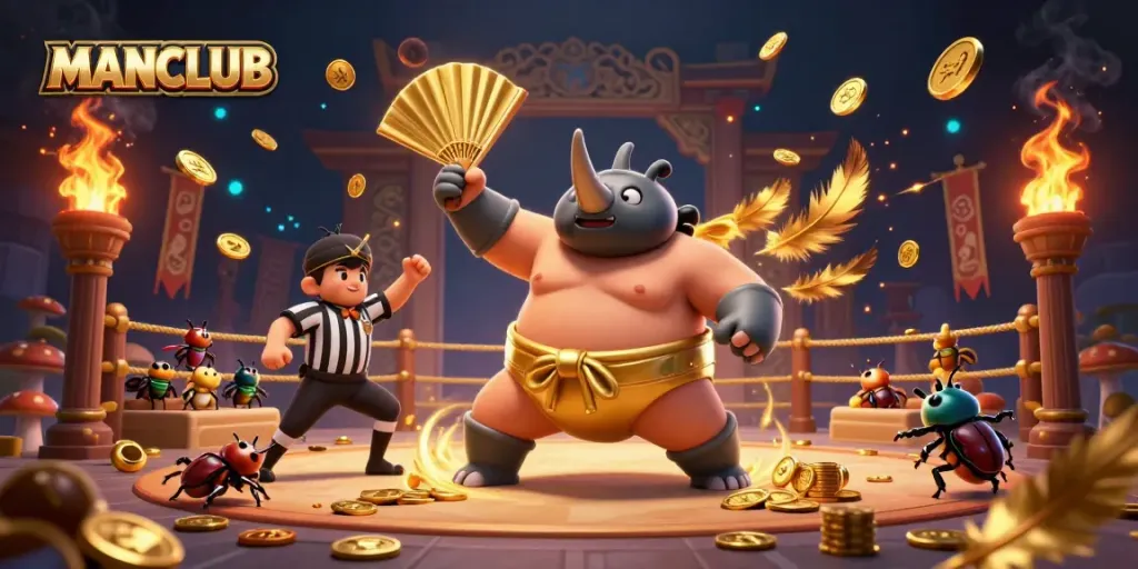 Experience the MANCLUB with a fun-filled casino scene featuring a rhinoceros beetle champion amidst flying coins.