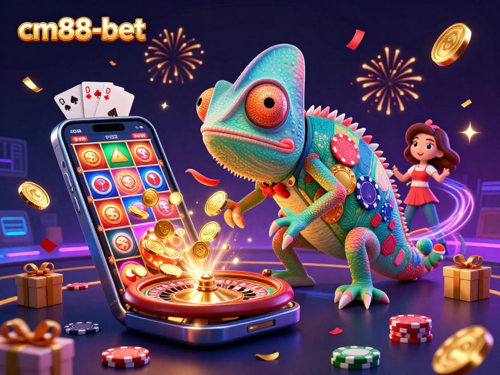 Join the excitement at cm88-bet with a vibrant casino scene showcasing a colorful chameleon and dynamic gaming elements.