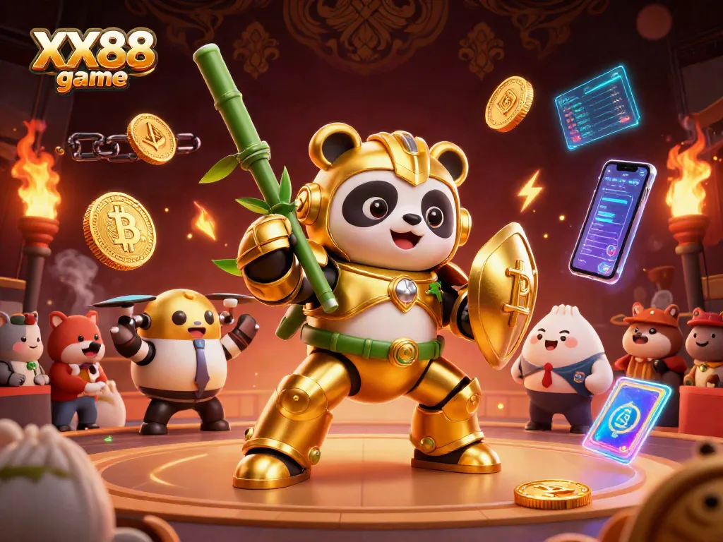 Engage in the thrilling XX88 game with a dynamic 3D illustration of a golden panda in combat.