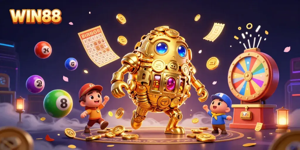 Experience the thrill of WIN88 with a dynamic golem and vibrant gambling elements in a 3D illustration.