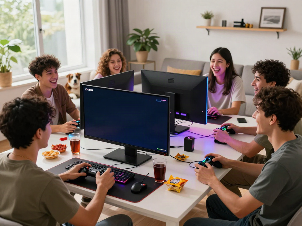 Friends enjoying a lively gaming night with PG SLOT on a large screen, snacks on the table.