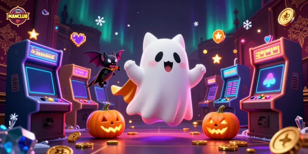 MANCLUB showcases a ghost cat in a haunted casino with gaming elements and vibrant characters.