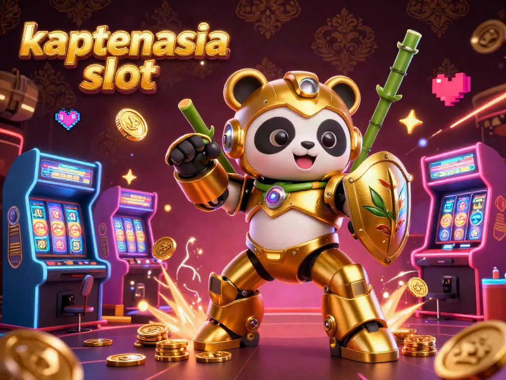 Gambarkan aksi seru di kaptenasia slot dengan panda emas bertenaga robot, menampilkan mesin slot dan dekorasi neon.