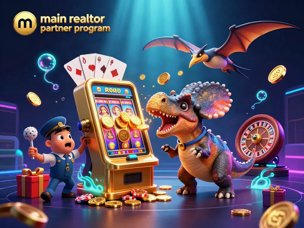 Main realtor partner program showcases a cartoon dinosaur hitting a slot machine while coins fly, highlighting vibrant casino action.