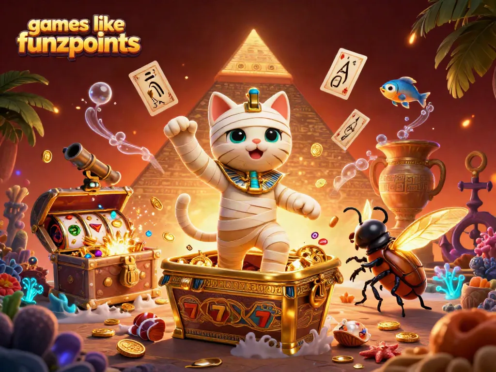 Play exciting games like funzpoints with a 3D mummy cat and vivid casino elements.