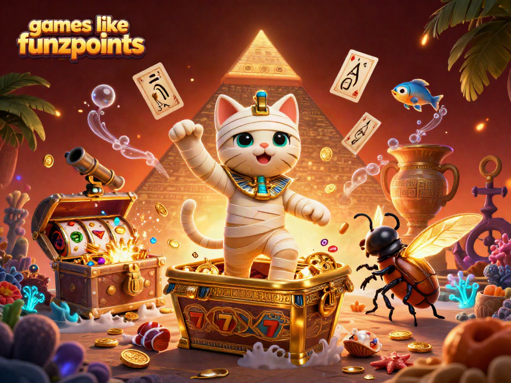 Play exciting games like funzpoints with a 3D mummy cat and vivid casino elements.