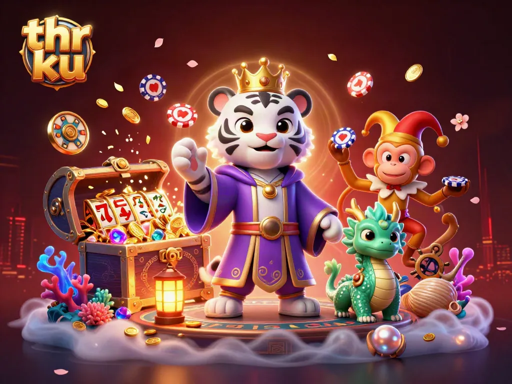 Thr ku illustrated scene with vibrant casino elements featuring a tiger and monkey.