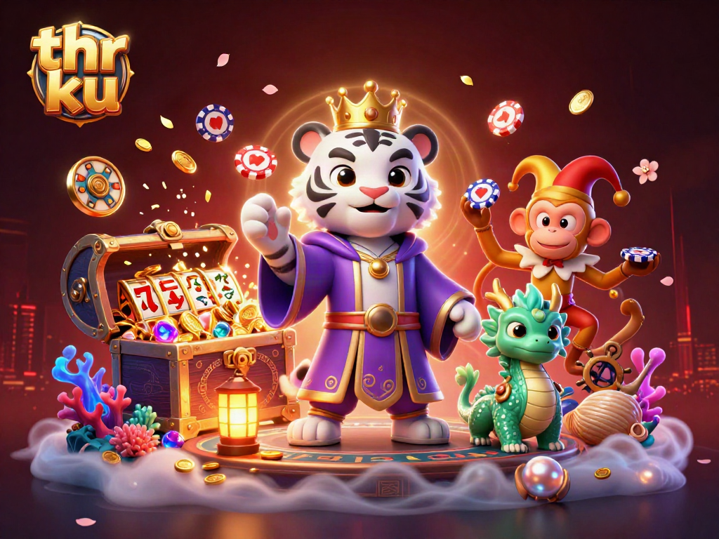 Thr ku illustrated scene with vibrant casino elements featuring a tiger and monkey.