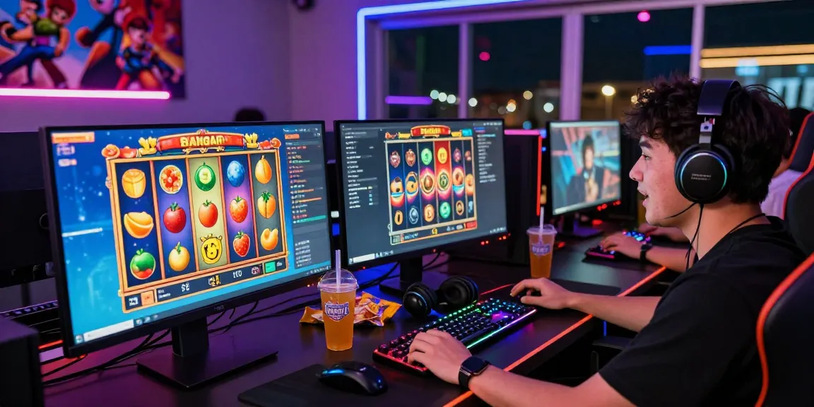 Exciting bandar slot gaming scene with colorful reels and player engagement