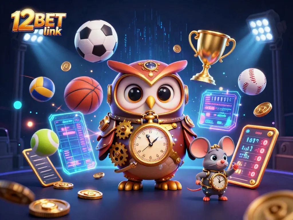 Engage with the 12BET link in a dynamic 3D casino illustration showcasing thrilling betting action.