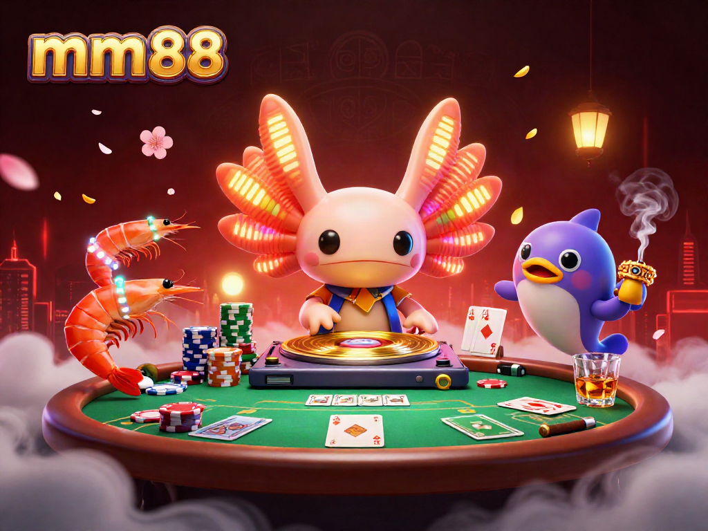 Experience vibrant mm88 gameplay with an axolotl DJ spinning records at an energetic casino scene.