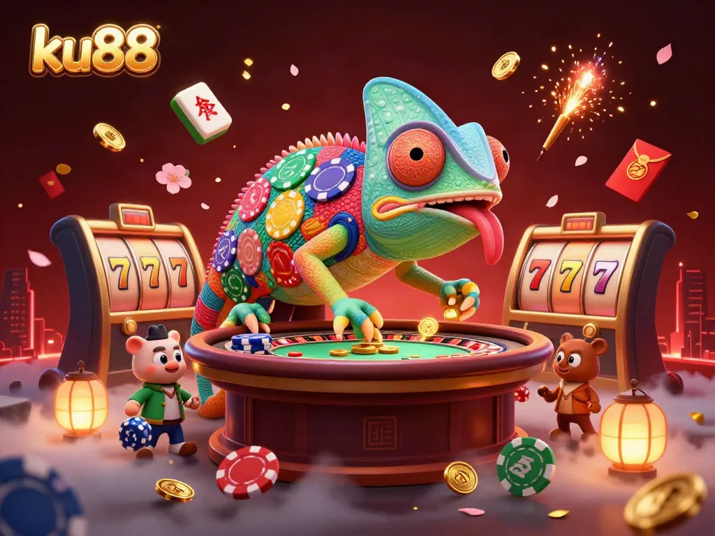 ku88 captures the thrill of casino gaming with a vibrant chameleon owner surrounded by slot reels and confetti.