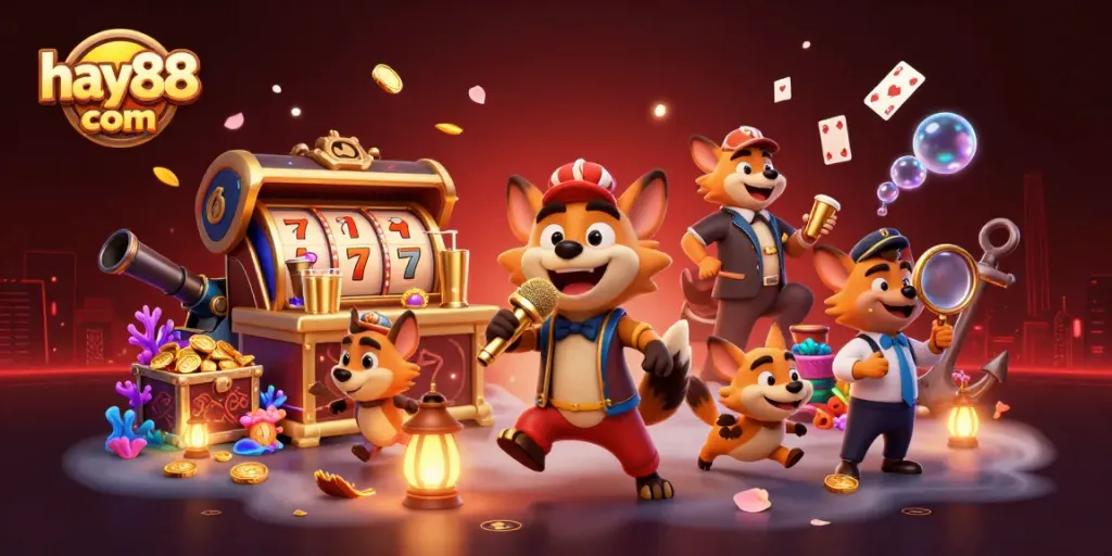 Engage in thrilling games at hay88 com with vibrant hyena characters in a lively casino scene.