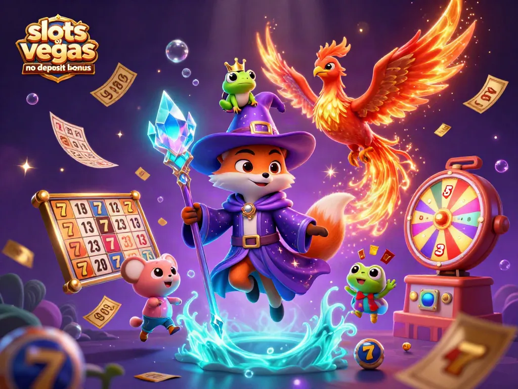 Experience the excitement of slots of vegas no deposit bonus with an enchanting 3D illustration featuring a wizard fox, phoenix, and magical effects.