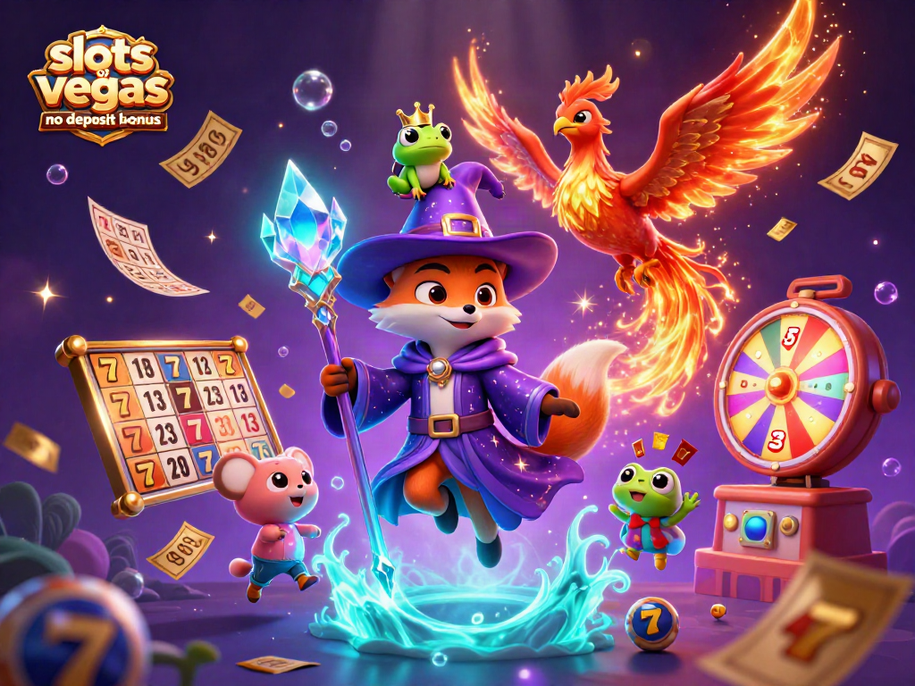 Experience the excitement of slots of vegas no deposit bonus with an enchanting 3D illustration featuring a wizard fox, phoenix, and magical effects.