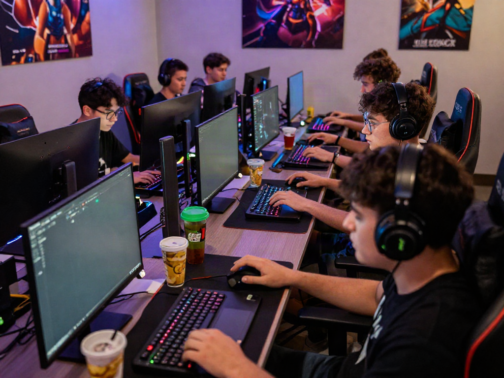 Gamers engaging in an intense battle in an online gaming setting, with vibrant lighting and energetic atmosphere.