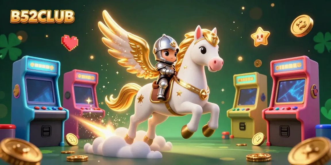 Experience the thrill of B52CLUB with a cartoon knight riding a celestial horse amidst dynamic gaming elements.