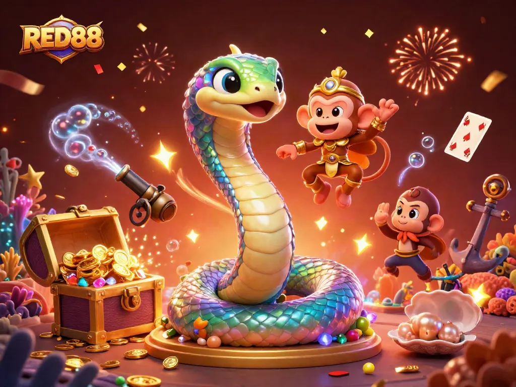 Engage in high-stakes gaming with RED88, featuring vibrant characters and symbols of luck and wealth.