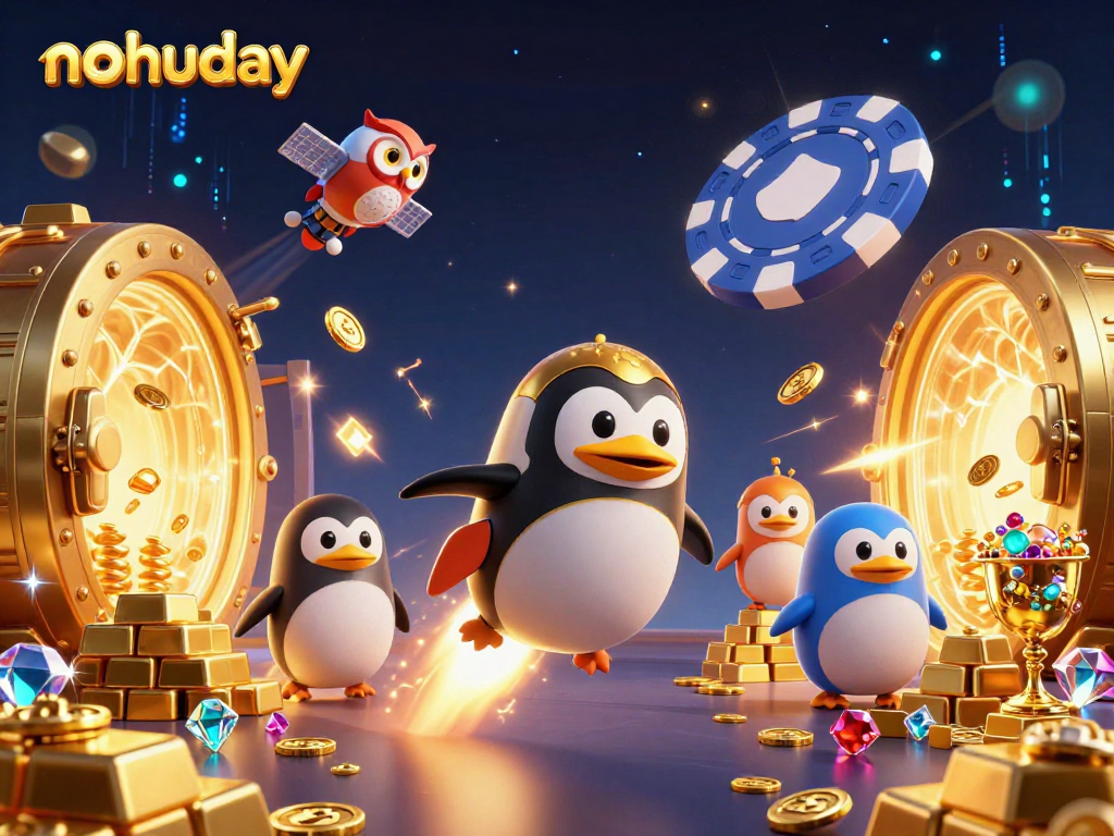 Nohuday jackpot action scene with a cartoon penguin, treasure vaults, and casino themes