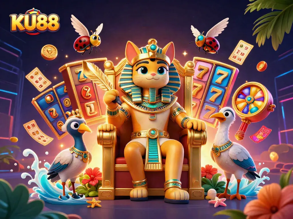 Transform your luck with KU88 and win big at the slots in this vibrant casino illustration.