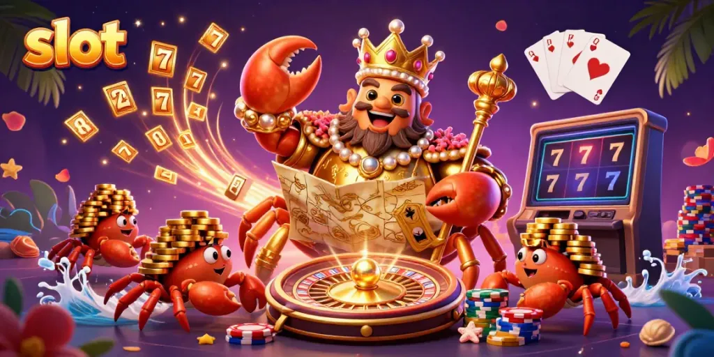 Experience thrilling slot adventures with a golden crab emperor, vibrant casino elements, and lucky sevens