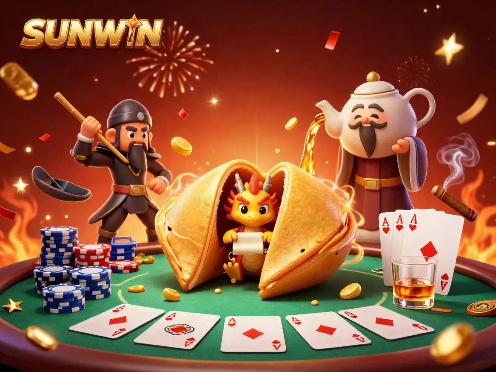 Experience the thrill of SUNWIN with a vibrant 3D illustration featuring dynamic casino elements and magical characters.
