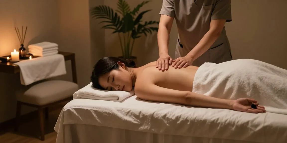 Serene 시흥출장마사지 session in luxurious spa environment, therapist working on client.