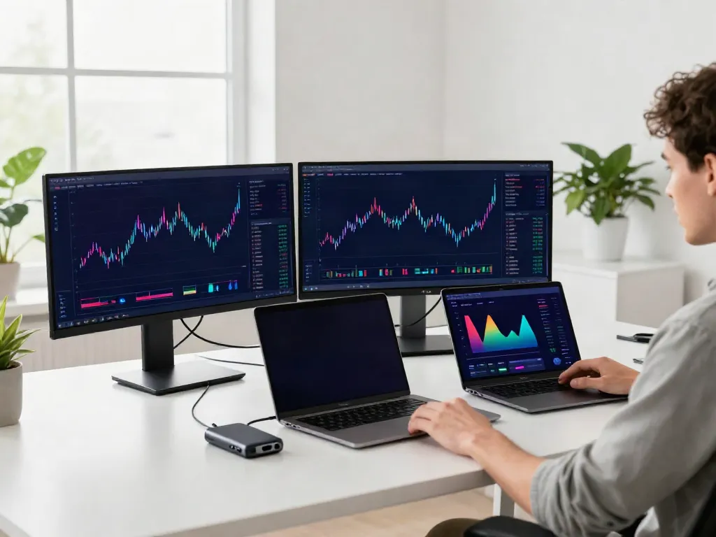 Dynamic workspace showing a currency exchange rate API interface on dual monitors in a modern crypto trading setup