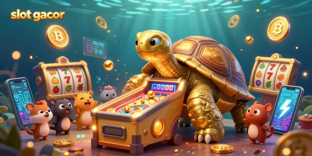 Engage with slot gacor in this vibrant scene showcasing a golden tortoise pinball machine surrounded by colorful gaming elements.