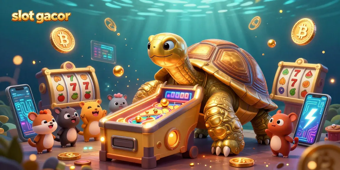 Engage with slot gacor in this vibrant scene showcasing a golden tortoise pinball machine surrounded by colorful gaming elements.