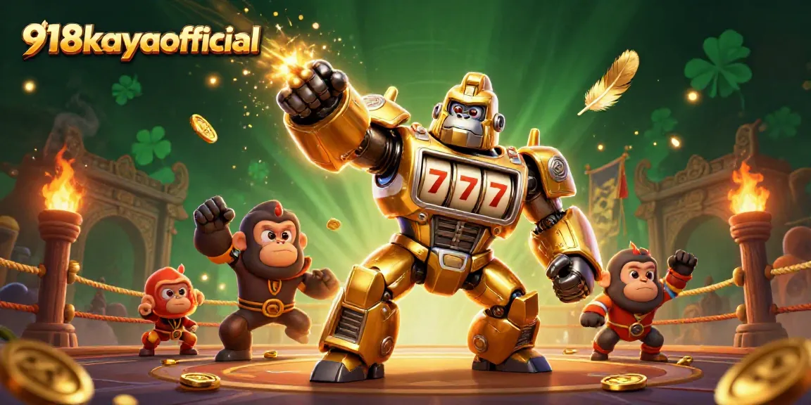 918kayaofficial presents a vibrant 3D illustration of a golden gorilla mech amidst casino elements, exploding with action.
