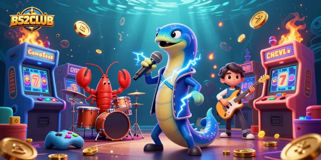 B52CLUB engages players in an exciting underwater casino with vibrant characters and slot elements.