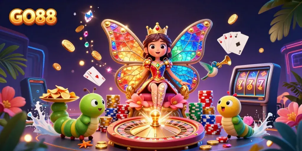 Engage with the exciting world of GO88 as you experience vibrant gaming elements in a playful 3D illustration.