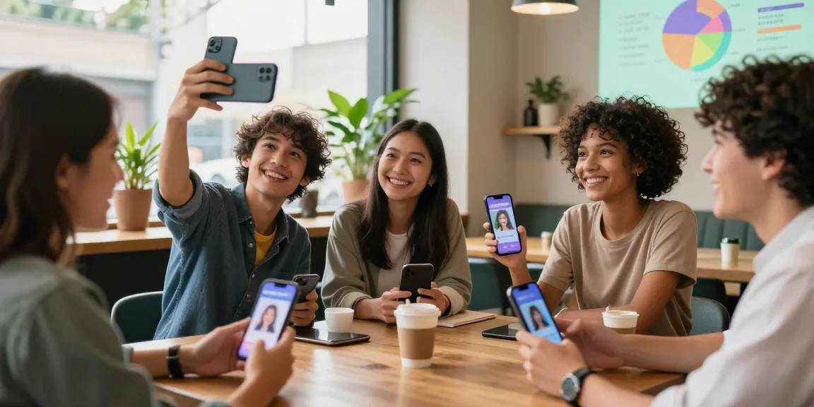 Group of friends using a how old do I look app in a bright coffee shop, showcasing engagement and curiosity about age estimation.
