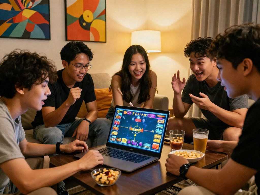 Friends enjoying a lively kebuntoto online gaming night in a cozy living room.