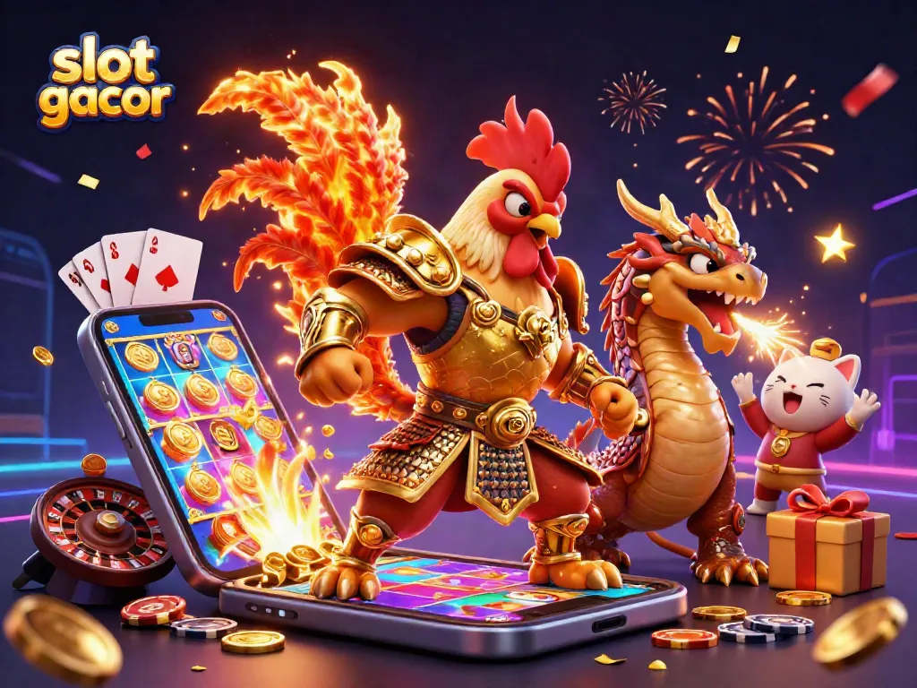 Slot gacor menampilkan ilustrasi 3D dengan karakter kasino yang ceria dan elemen permainan yang dinamis.