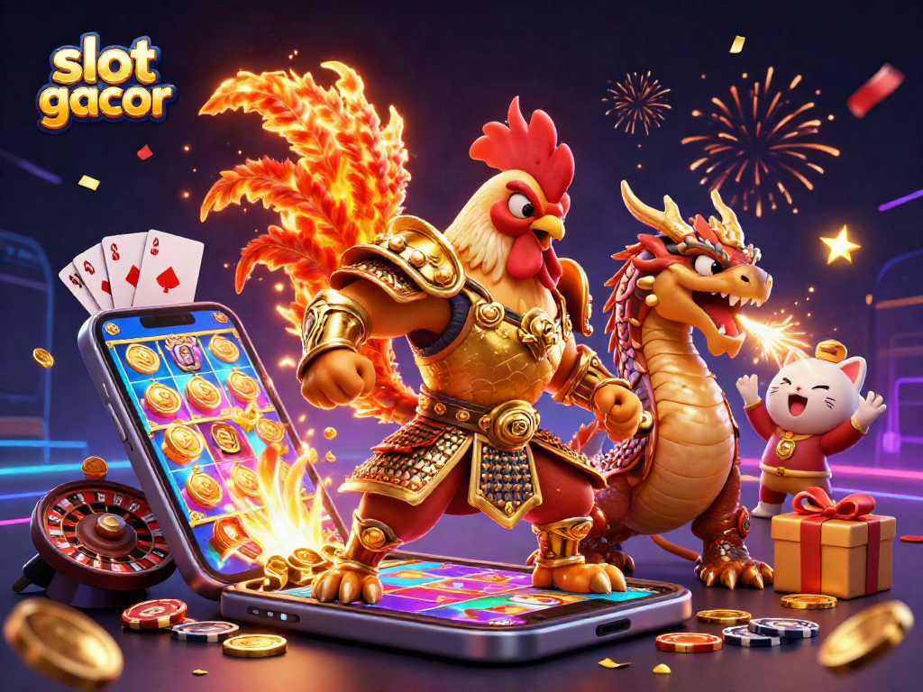 Slot gacor menampilkan ilustrasi 3D dengan karakter kasino yang ceria dan elemen permainan yang dinamis.